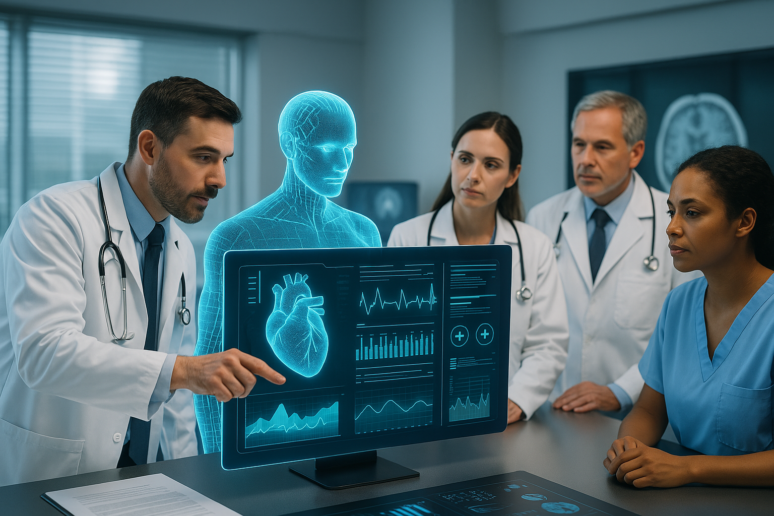 Médicos analisando hologramas com tecnologia de IA